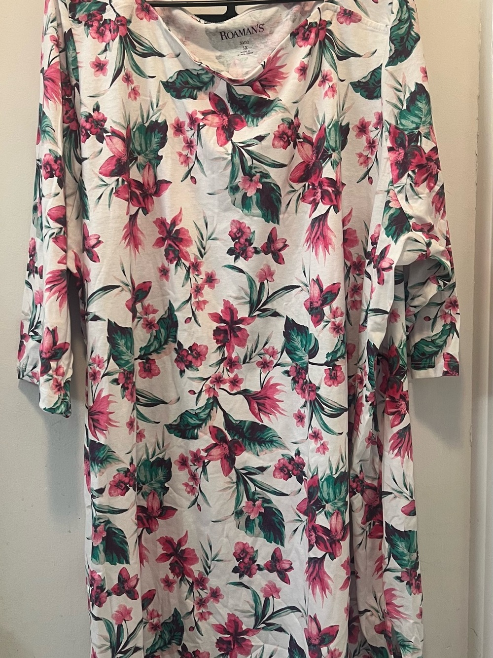 Roaman's White Tunic with Pink Floral & Green Leaf Print